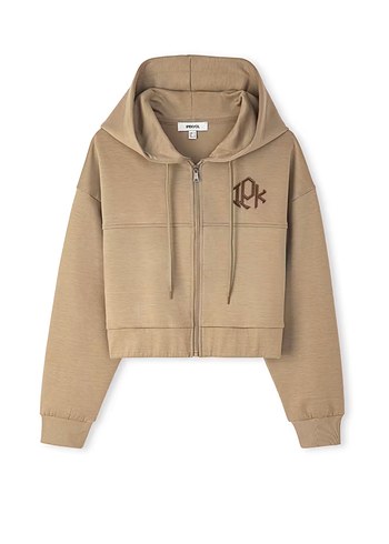 Bej Nakışlı Kadın Kapüşonlu Crop Sweatshirt - Görsel 2