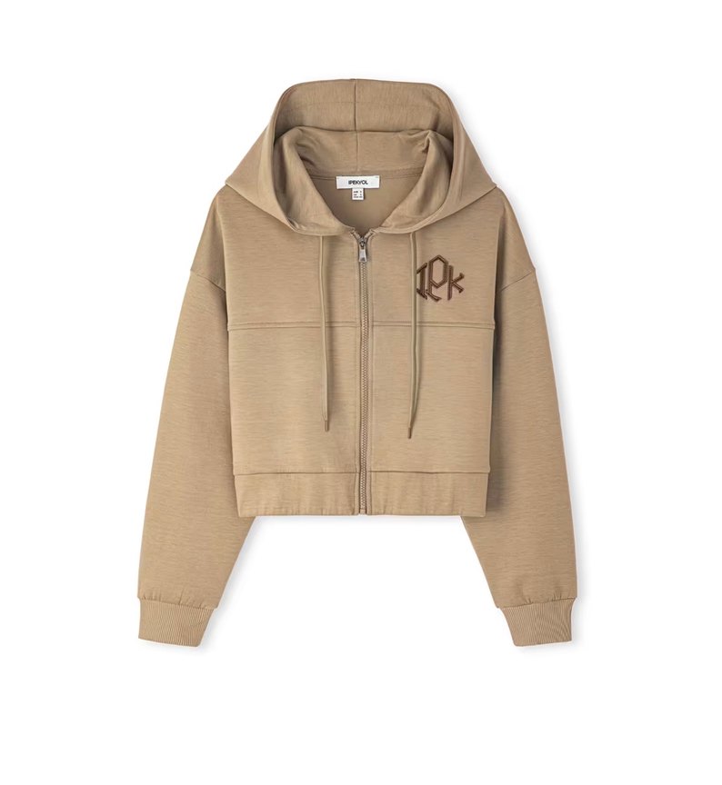 Bej Nakışlı Kadın Kapüşonlu Crop Sweatshirt - Görsel 2