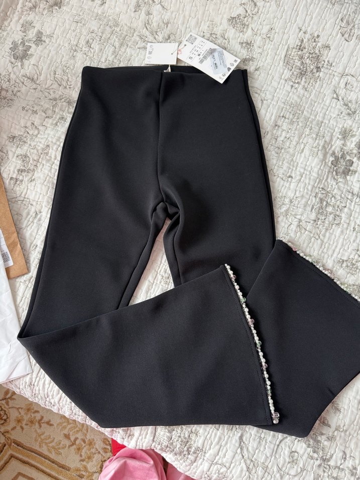 Siyah Midi inci detaylı Kadın Kumaş Pantolon - Görsel 4