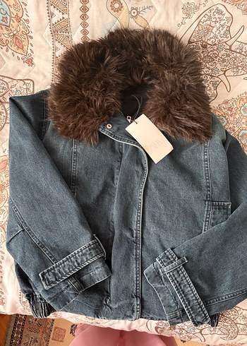 Gri Denim Kadın Ceket, Kürklü Yaka - Görsel 4