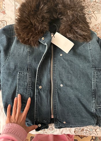 Gri Denim Kadın Ceket, Kürklü Yaka - Görsel 5