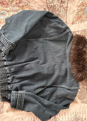 Gri Denim Kadın Ceket, Kürklü Yaka - Görsel 6