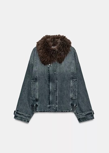 Gri Denim Kadın Ceket, Kürklü Yaka - Görsel 3