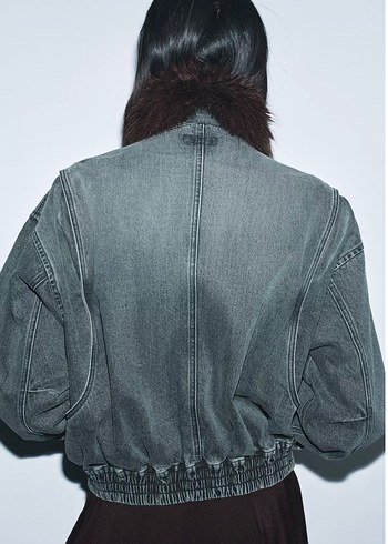 Gri Denim Kadın Ceket, Kürklü Yaka - Görsel 2