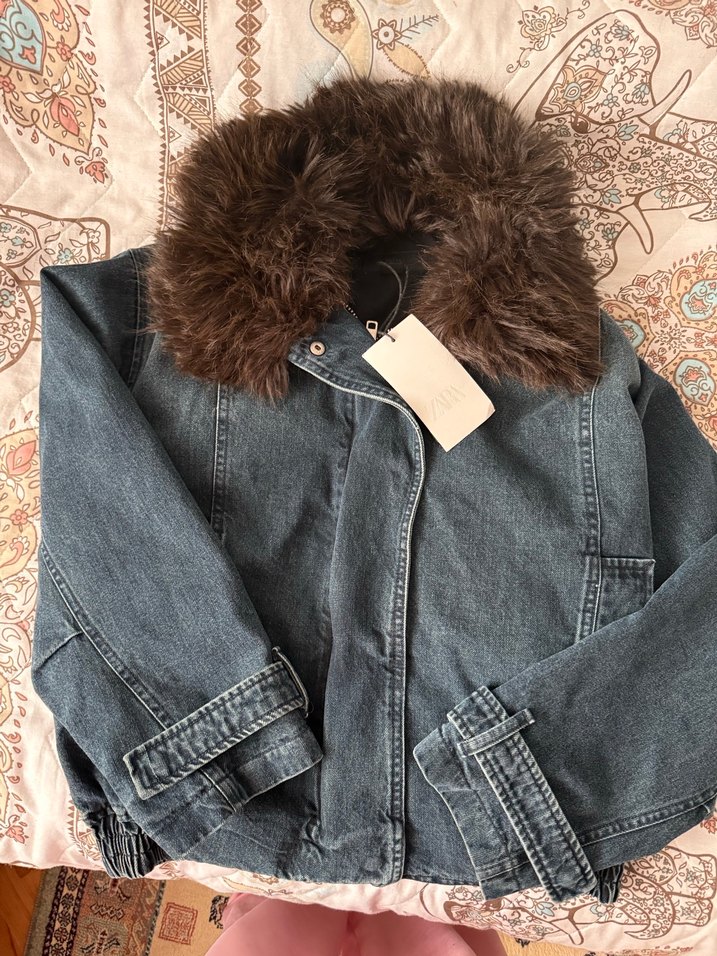 Gri Denim Kadın Ceket, Kürklü Yaka - Görsel 4