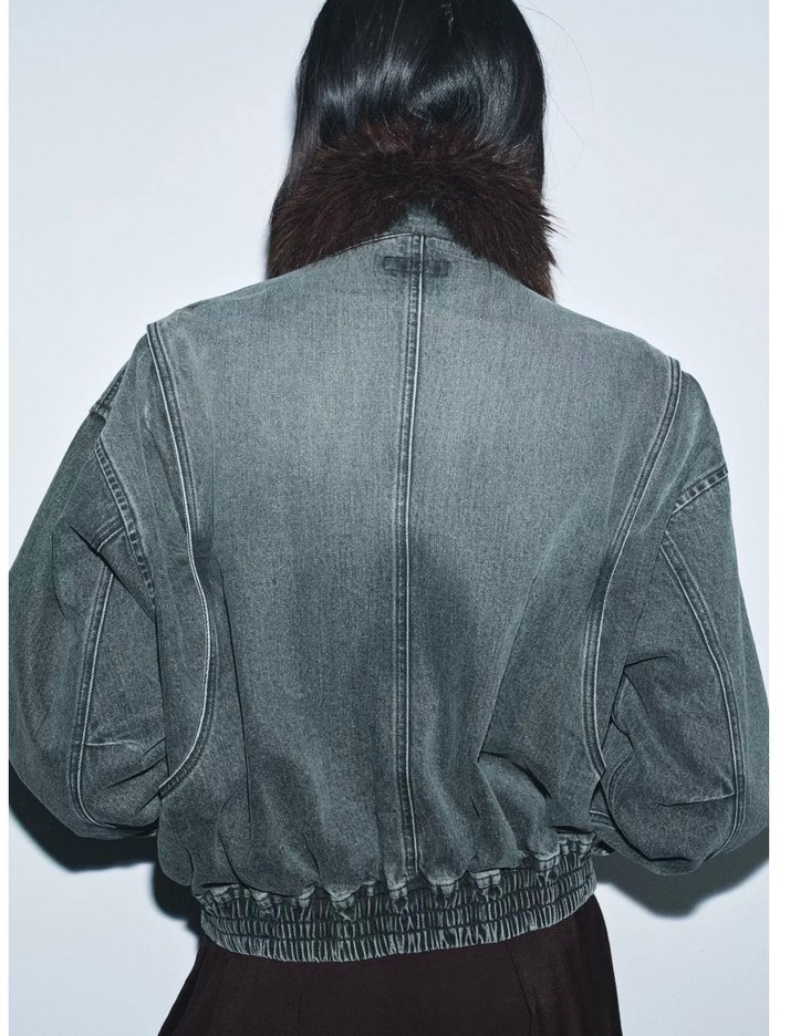 Gri Denim Kadın Ceket, Kürklü Yaka - Görsel 2