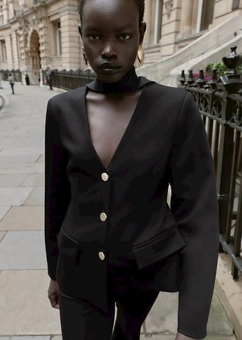 Kadın Siyah Midi Düğmeli Blazer Ceket - Görsel 2