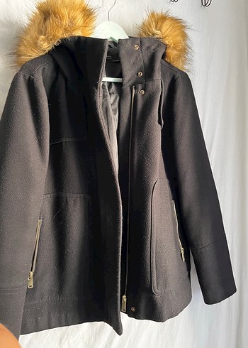 Zara siyah Midi Kadın Kürklü kaşe kaban