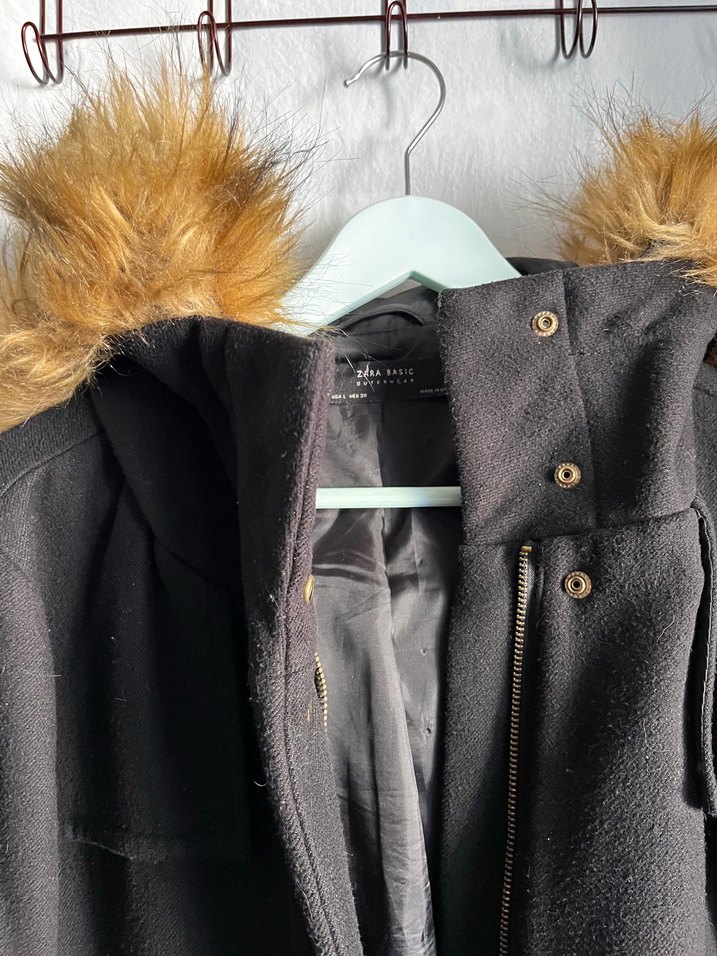 Zara siyah Midi Kadın Kürklü kaşe kaban - Görsel 3