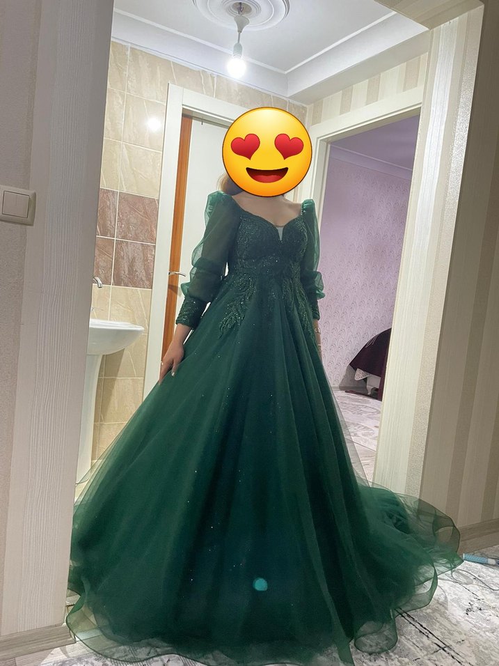 Uzun Kollu V Yaka Yeşil Drape Abiye Elbise - Görsel 2