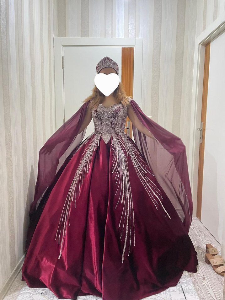 Bordo Uzun Kollu Nakışlı Abiye - Görsel 2