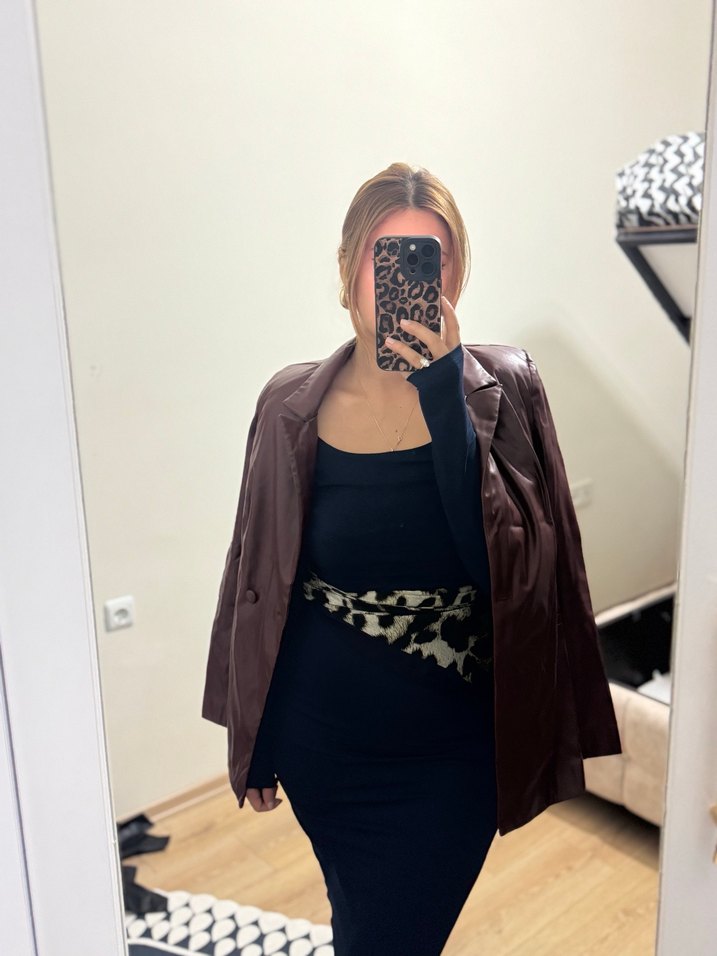 Kahverengi Deri Kemerli Kadın Ceket - Görsel 2