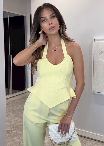 Zara Sarı Mini V Yaka Kolsuz Kadın Takım