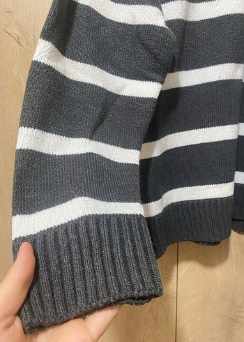 Gri Çizgili Boğazlı Örgü  Erkek Kazak - Görsel 2