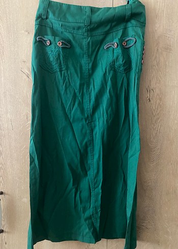 Yeşil Nakışlı Uzun Kadın Keten Etek - Görsel 4