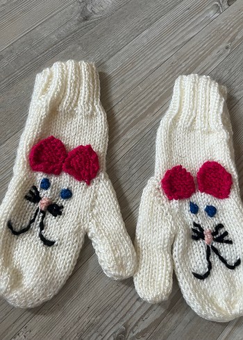 Anne Kız KEDİ Nakışlı Örgü Eldiven Takımı - Görsel 3