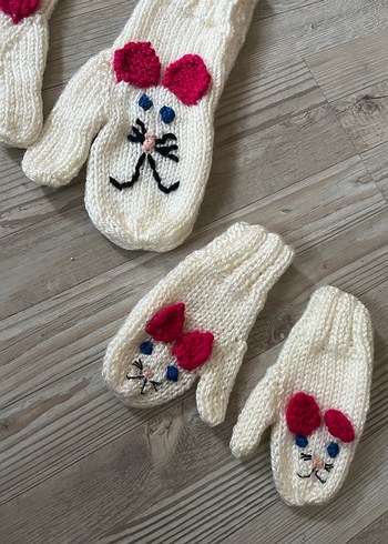 Anne Kız KEDİ Nakışlı Örgü Eldiven Takımı - Görsel 2