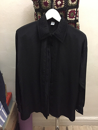Vintage dantel detaylı siyah zarif gömlek