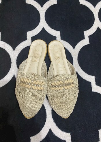 Nakışlı Bej Örgü Blok Topuklu Terlik - Görsel 3