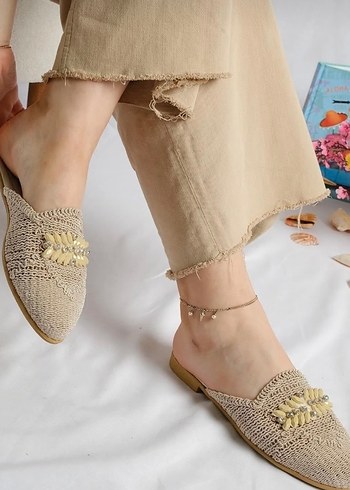 Nakışlı Bej Örgü Blok Topuklu Terlik - Görsel 2