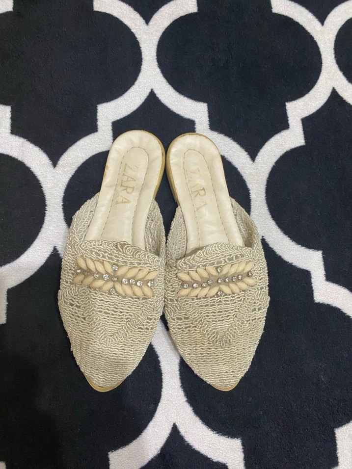 Nakışlı Bej Örgü Blok Topuklu Terlik - Görsel 3