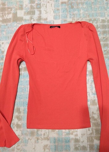 34 Beden kırmızı Renk Kare yaka triko bluz t-shirt crop top 