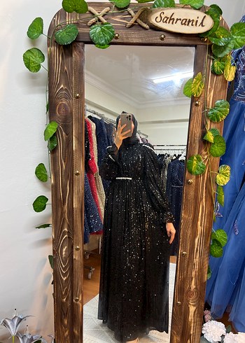 Uzun Siyah Payetli Tesettür Abiye Elbise - Görsel 4