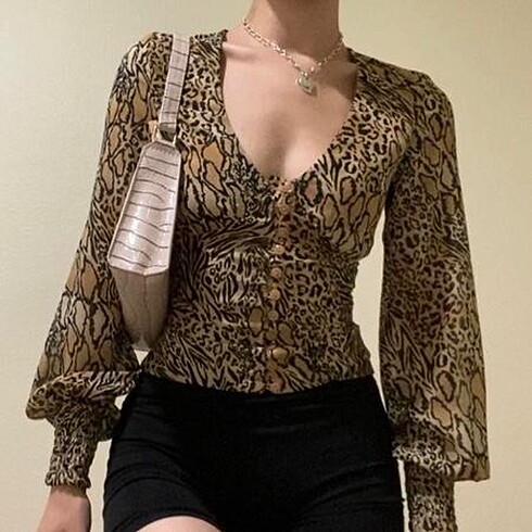 H&M leopar desenli şifon bluz bustiyer