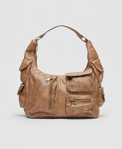 Beden Stradivarius y2k çok cepli kahve deri vintage çanta