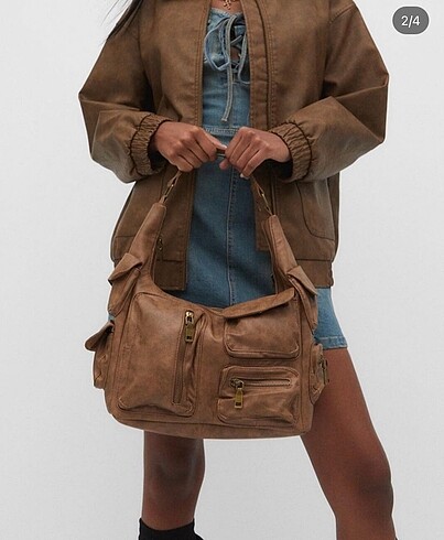 Stradivarius Stradivarius y2k çok cepli kahve deri vintage çanta