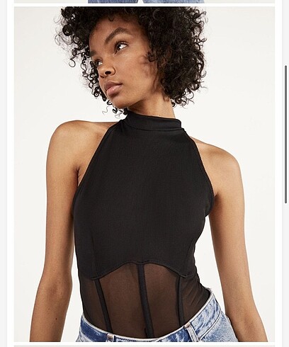 Bershka tül dekolteli korse siyah body