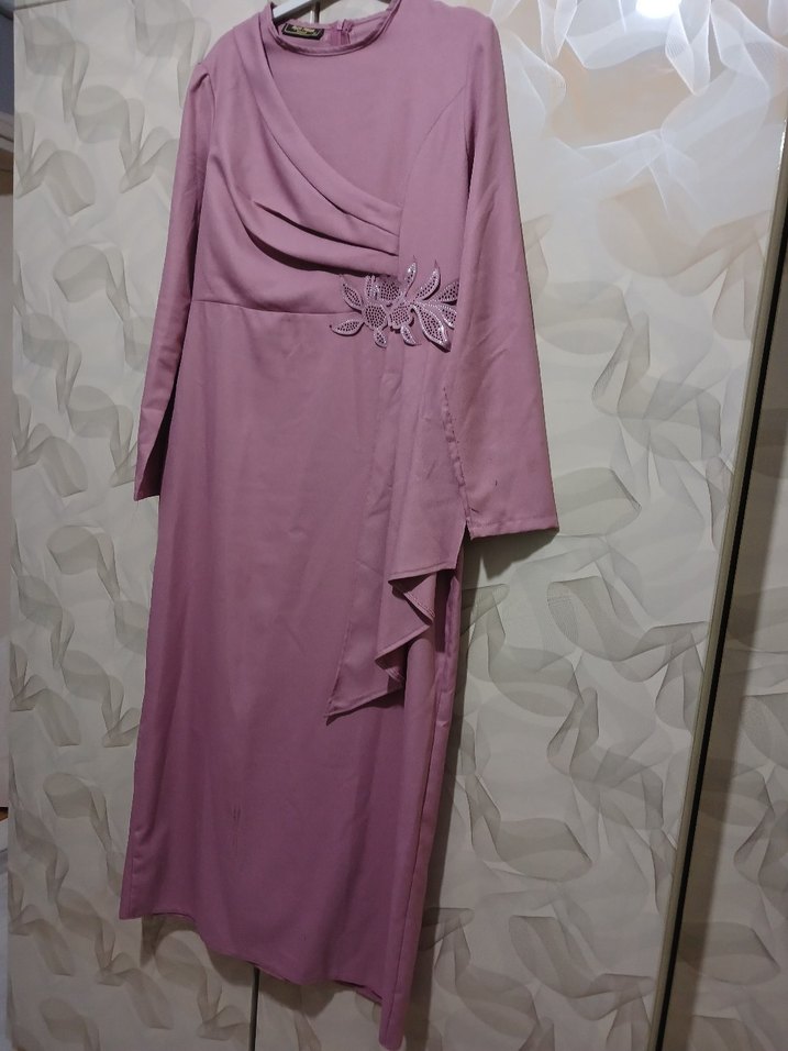 Mor Uzun Kollu Modern Klasik Kadın Elbise - Görsel 3