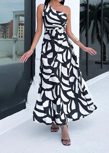 Zebra Desenli Tek Omuzlu Uzun Elbise