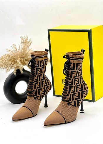 Fendi Örgü Desenli Stiletto Topuklu Kahverengi Bot - Görsel 2