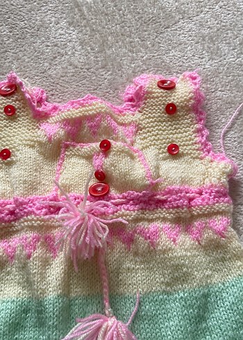 Kız Çocuk Çok Renkli Nakışlı Örgü Yelek - Görsel 3