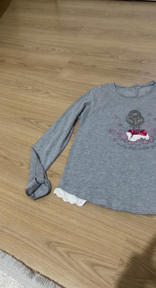 Kız Çocuk Gri Uzun Kollu Triko Tişört - Görsel 2