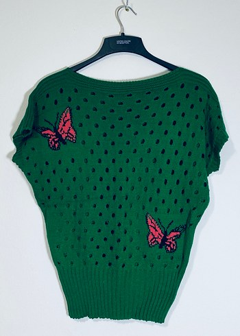 Sıfır - Nakışlı Kelebek Desenli Yeşil Örgü Kadın Kazak - Görsel 2