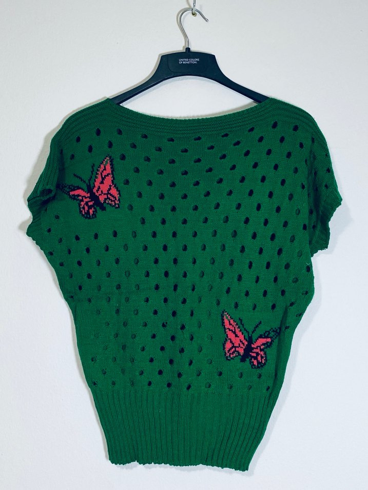 Sıfır - Nakışlı Kelebek Desenli Yeşil Örgü Kadın Kazak - Görsel 2