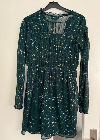 Yeşil Parlak Uzun Kollu Bohem Mini Elbise - Görsel 4