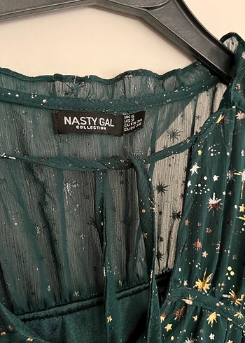 Yeşil Parlak Uzun Kollu Bohem Mini Elbise - Görsel 2