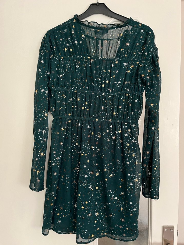 Yeşil Parlak Uzun Kollu Bohem Mini Elbise - Görsel 4