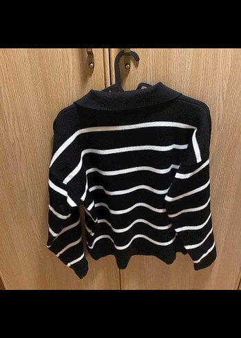 Siyah Beyaz Çizgili Triko Kadın Kazak - Görsel 2