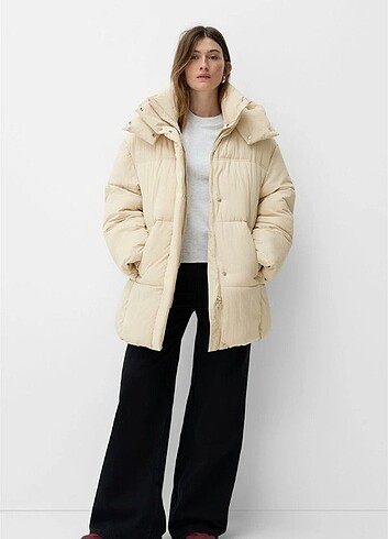 BERSHKA 3/4 Midi boy kapüşonlu kaban