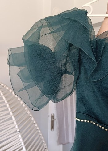 Uzun Turkuaz Drapeli Bohem Abiye Elbise - Görsel 4