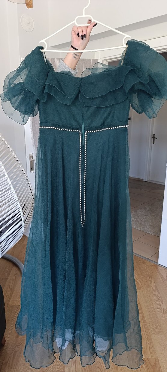 Uzun Turkuaz Drapeli Bohem Abiye Elbise - Görsel 2