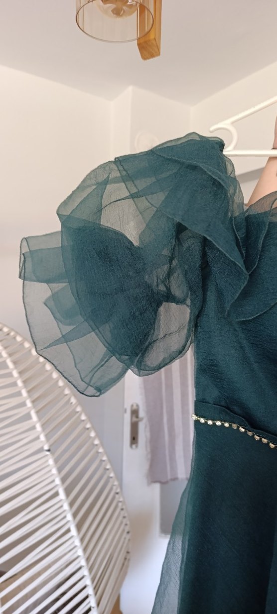 Uzun Turkuaz Drapeli Bohem Abiye Elbise - Görsel 4