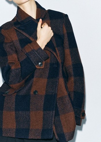 Zara Kareli Kahverengi Kadın Yün Blazer Ceket