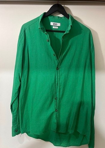 Düğmeli Yeşil Keten erkek Gömlek - Görsel 2