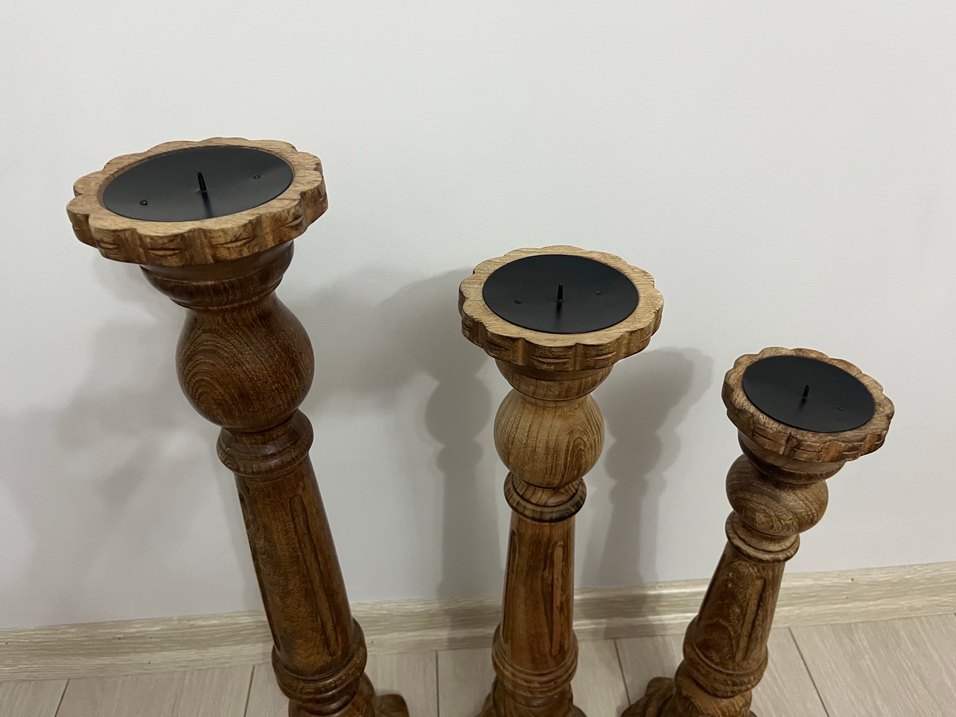 KOYU BEJ AHŞAP YER ŞAMDANI MUMLUK 3LÜ - Görsel 2