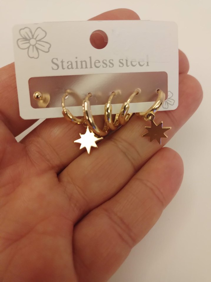 Zincir Detaylı Mini Altın Küpeler Çelik - Görsel 3